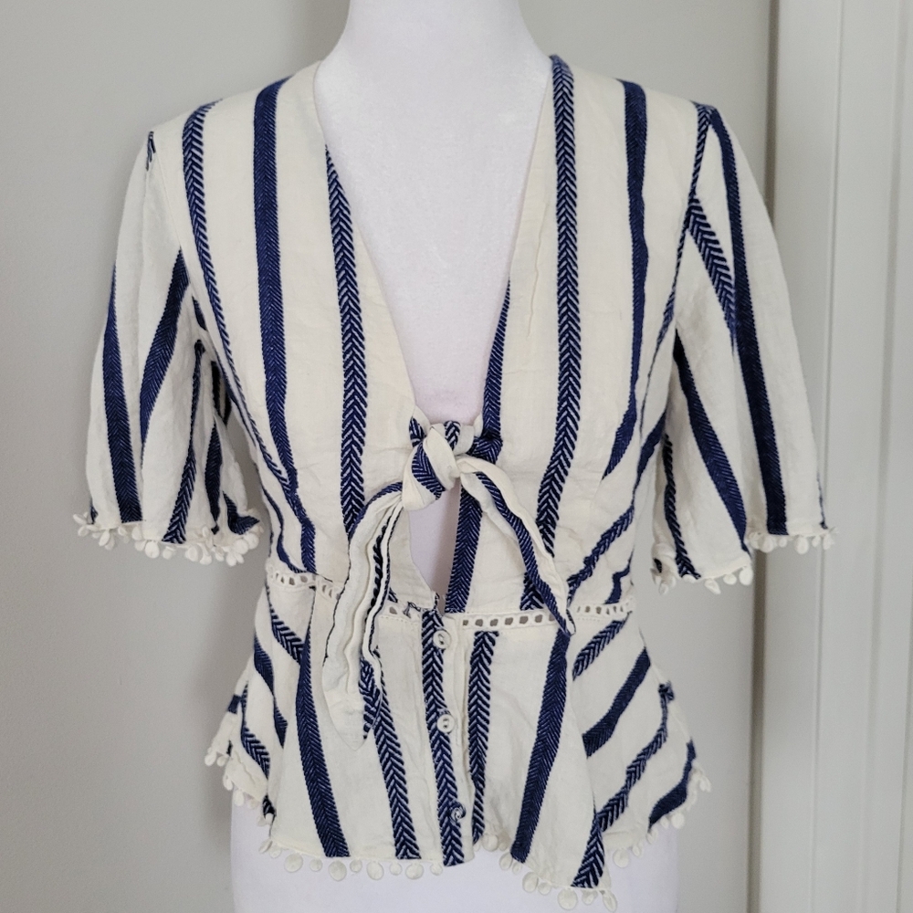 TJD Linen Blend‎ Top Women SMALL Front Tie Striped Pom Poms Beachy Boho Hippie
